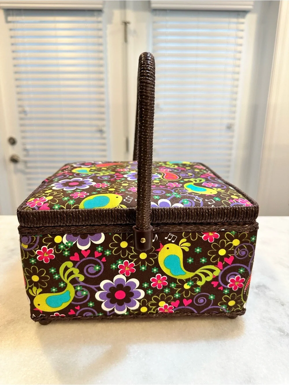 Vintage Colorful Floral Sewing Box/Basket with Tray - Made In Philippines 🇵🇭
